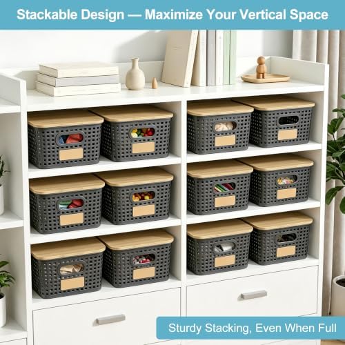 Bagnizer Small Plastic Storage Bins with Bamboo Lids 5.2qt Stackable Box Basket Pantry Decorative Containers Cute with Lable for Organizing Desktop Closet Office Gray of 6 packs 10 * 7.2 * 4.1"