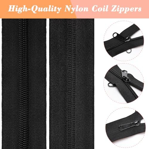 42 Yards Black White #5 Nylon Coil Zippers with 80P Pull Head, 10P Double-Side Zipper, Scissor, Ruler, Assorted Length Sewing Zipper for DIY Sewing Craft Zipper Tape for Clothes, Purse Making(Model 4)