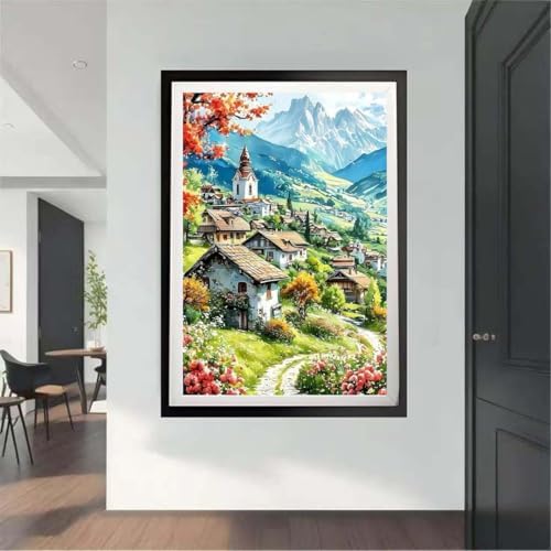 OJTOYART Country House Scenery Diamond Painting Kits for Adults，5D Diamond Painting Kits for Beginner,DIY Round Full Drill Diamond Dots GemPainting for Adults Crafts Home Wall Decor 12x16 Inch