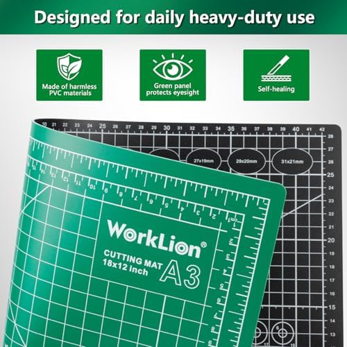 Worklion Self Healing Craft Mat: 18"x12" Rotary Cutting Mat for Sewing,Quilting,Leather,Craft,Fabric,Model,Art,Clay,5-layer 2-sided Cutting Mat, green and black