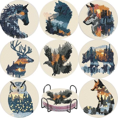 NEGEKFKX 8 Pcs Diamond Art Painting Coasters Kits,Animal Landscape Coaster with Holder for Adults, Non-Slip DIY Dot Paint Craft Kits,5D Full Drill DIY Diamond Dot Gem Art Kit Home Decor Arts Craft