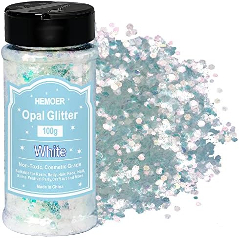 HEMOER White Opal Glitter 100g/3.5oz, Cosmetic Mixed Hexagon Chunky & Fine Craft Glitter Resin Sequins for Epoxy Glass, Resin Art, Body, Hair, Face, Nail, Tumbler, Festival Party