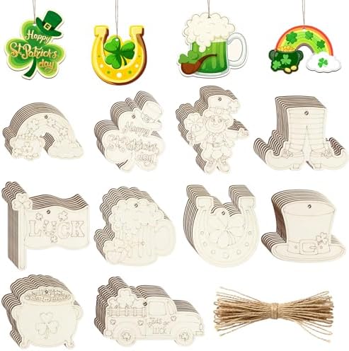 80PCS Wooden St. Patrick's Day Ornaments to Paint Shamrock Cutout Decorations,10 Styles DIY Blank Unfinished Wood Shamrock Cutouts Ornament for Tree Home Crafts Hanging, Hat Beer Gifts Indoor Spring