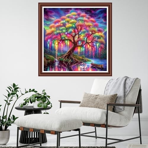 Dimensean Counted Cross Stitch Kit for Beginners, 11CT Unprinted Cross-Stitch Kit Easy Patterns Needlepoint Kit Cross Stitching Embroidery Kit Supplies-Colorful Tree of Life Swan 18x18 inch