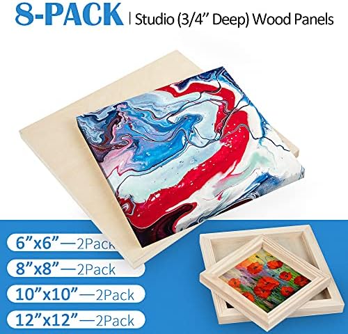 Falling in Art 8 Pack 4 Sizes Unfinished Birch Wood Canvas Panels Kit | Studio 3/4’’ Deep Wood Canvas, Cradle Boards for Painting, Pouring, Burning, Crafts, Epoxy Resin, Laser Engraving Cutting