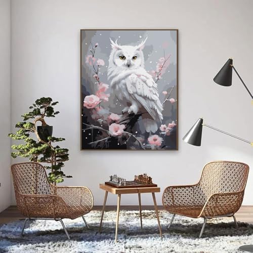 EIBEILI White Owl Paint by Numbers Kit for Adults Beginner,Plum Blossom Adult Paint by Number Kits on Canvas,Easy Canvas Paint by Numbers for Adults for Home Wall Decoration 12 X 16 inch