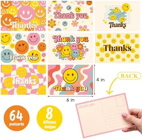 64 Pcs Thank You Cards, Postcards for Mailing Blank Note Greeting Cards, Employee Appreciation Cards, Smiley Face Postcards for Kids Adults Teachers Students, 4×6 In