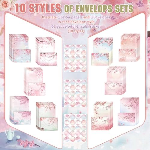 TaoBary 160 Pcs Cherry Blossom Stationery Paper and Envelopes Set