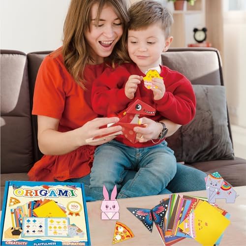 Origami Kit for Kids Ages 5-8 8-12, 100 Sheets Double Sided Colorful Folding Paper (45 Patterns×2+10Blank) with Clear Guiding Book, Animals Dinosaur Art Activity DIY Craft Set Gift for Girls Boys