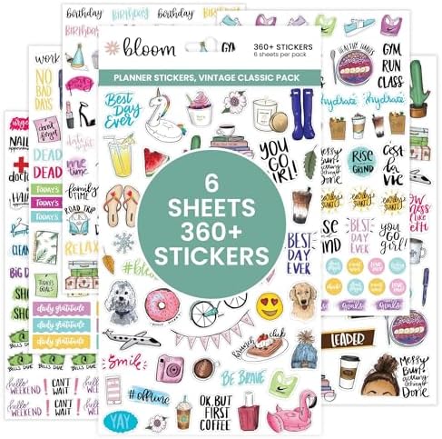 bloom daily planners Vintage Classic Planner Stickers - Hand-Drawn Essential Variety Pack for Everyday Planning & Decorating - 6 Sheets / 360 Stickers