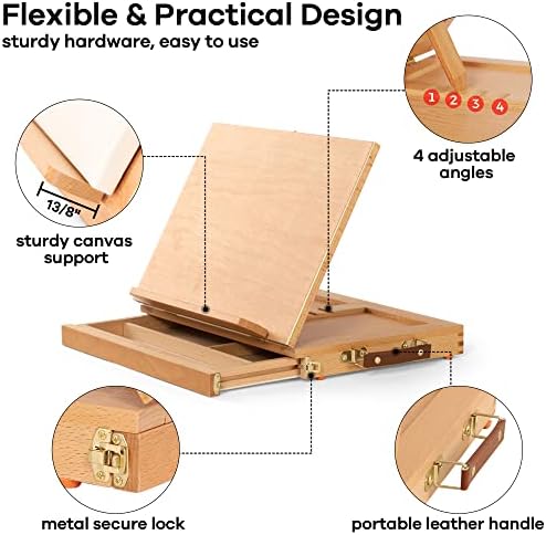 VISWIN Tabletop Easel with Storage Drawer & Palette, Adjustable Portable Beech Wood Sketch Box Table Top Easel for Painting, Desktop Travel Art Easel for Adults, Artists, Students