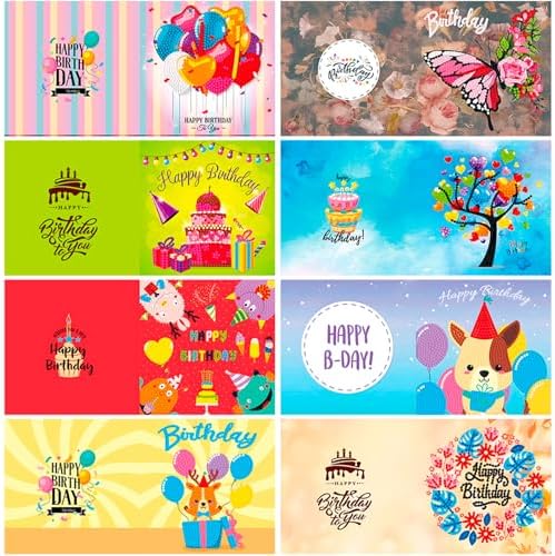 Diamond Art Painting Happy Birthday Cards, 8 Packs 5D Diamond Greeting Cards Kits for Adults DIY Diamond Art Birthday Cards with Envelopes Birthday Gifts for Families, Friends, Partners