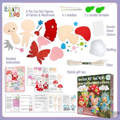 Fairy Sewing Kit for Kids Ages 5-12 - Beginner Kit, 5 Pre-Cut Felt Dolls