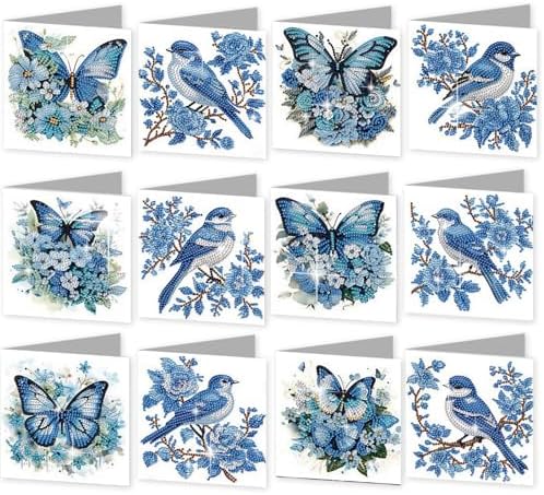 C'eitura 12Pcs Butterfly & Bluebird Diamond Art Painting Greeting Card Kit with Envelopes, DIY Nature Theme Christmas Birthday Thanksgiving Card Making Set, Garden Inspired Handmade Card Craft