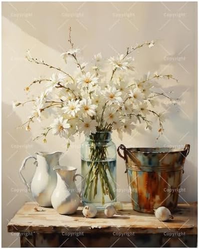 White Daisy Still Life Paint by Numbers Kit for Adults - DIY Rustic Flowers and Vintage Jug Painting on Canvas 16x20In, Framed Acrylic Paint Set, Suitable for Beginners, Floral Art for Home or Gifts