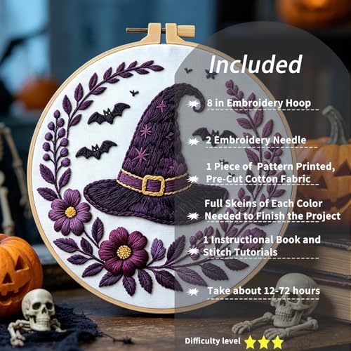 FONNUY Halloween Embroidery Kits for Beginners,Skull Pumpkin Spider Web Floral Stamped Cross Stitch Kit for Adults, Spooky Season Boho Wall Decor, 8'' Hoop (Witch Hat)