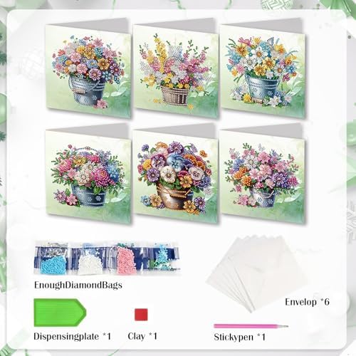 Diamond Art Cards with Envelopes–6PCS DIY Diamond Painting Greeting Cards Kit | Card Making Kit with Bling for Adults & Beginners | Birthday,Holiday & Thank You Cards (Flowers)