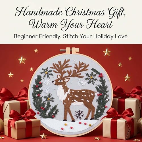 Harimau Adult Beginner Embroidery Starter Kit for Christmas Patterns, Complete Set with 4 Patterns, 2 Hoops, Needles, Scissors, Instruction Guide & Stitching Video Tutorials