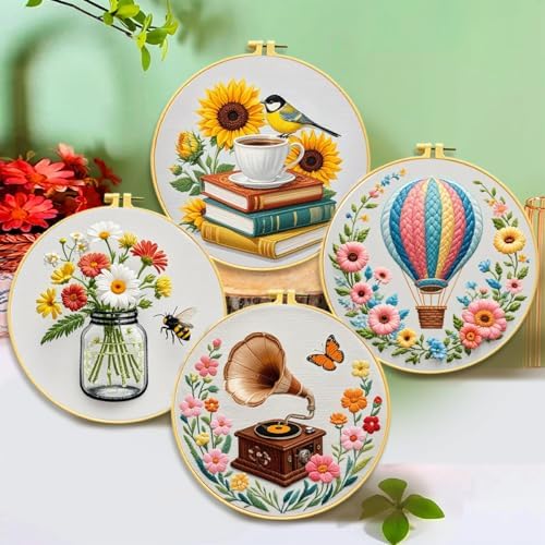 Zhenqing 4-Piece Floral Embroidery Kit for Beginners, Books Hot Air Balloon Wildflower Gramophone Needlework Set with Pre-Printed Fabric, Hoop & Threads (C0159)