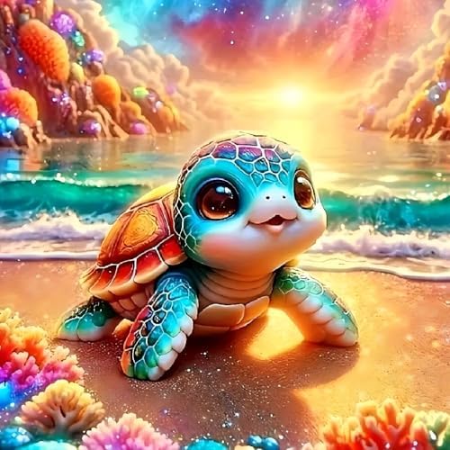 AOSGEDY Adorable Sea Turtle Beach Diamond Painting Kits for Adults, 5D Seaside Sunset/Flowers Diamond Art Kits for Beginners, DIY Full Drill Paint with Diamond, Home Wall Decor 14 x 14 Inch