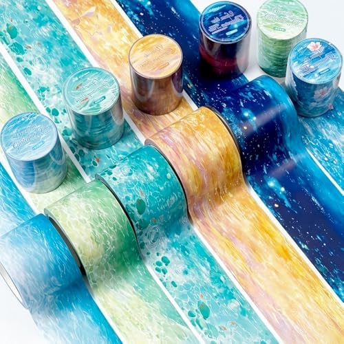 6 Rolls PET Tape for Scrapbooking Water Wave Tape Journaling Stickers Water Ripple Landscape Transparent Scrapbook Washi Tape Aesthetic Set Seaside Beach Planner Junk Journal Decorative PET Tapes