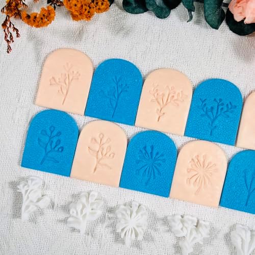 Xaekicr Polymer Clay Molds – 5PCS Botanical Texture Stamps with Flower & Leaf Patterns, Clay Cutters and Tools for Polymer Clay Jewelry and DIY Earring Crafts