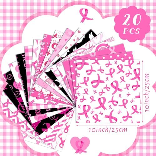 HunnmingRe 20 Pcs 10''x10'' Pink Ribbons Quilting Fabric Square Breast Cancer Awareness Precuts Quilted Fabric Bundle Polka Dot Plaid Printed Sewing Material for Holiday Patchwork DIY Craft Supplies