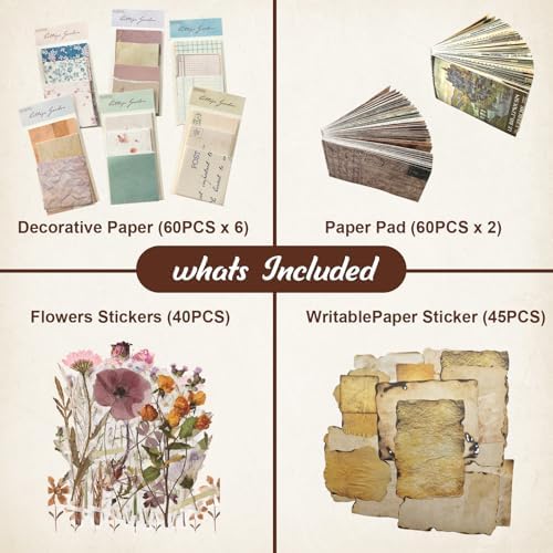 565 Pcs Vintage Scrapbook Paper Kit, Scrapbook Paper Supplies with Flowers Stickers, Journaling Decorative CraftPaper Set for Junk Journal, Retro Crafts