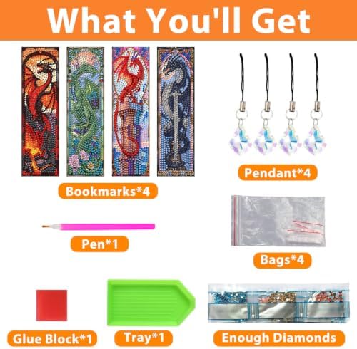 Mandun 4 Pcs Dragon Diamond Painting Bookmark Kits, Special Shaped Diamond Art Bookmarks with Pendant, DIY Dragon Diamond Art Bookmarks with Tassels Crafts Gifts Supplies