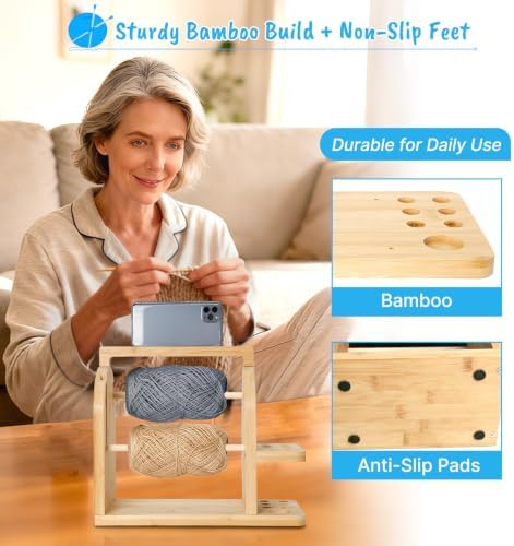 Aolamegs Yarn Holder for Crochet and Knitting, Bamboo Wooden Yarn Spinner Storage Organizer for Crocheting Accessories,with Anti-Slip Pads, Works with Skein, Cake, Ball