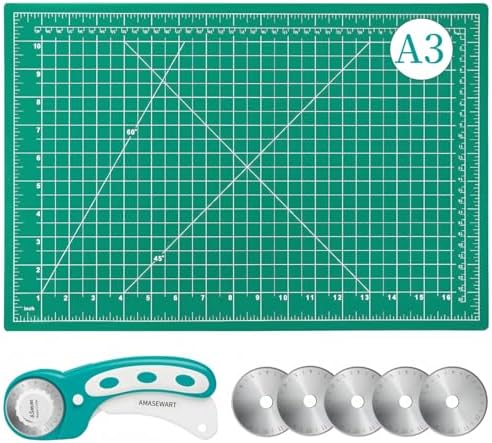 45mm Rotary Cutter and Mat Set, Fabric Cutter Wheel and 12x18 Inch Self Healing Sewing Cutting Mat, Fabric Rotary Cutter with 5pcs Rotary Blades for Quilting Patchworking Crafts, Turquoise