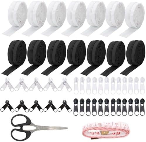 42 Yards Black White #5 Nylon Coil Zippers with 80P Pull Head, 10P Double-Side Zipper, Scissor, Ruler, Assorted Length Sewing Zipper for DIY Sewing Craft Zipper Tape for Clothes, Purse Making(Model 4)