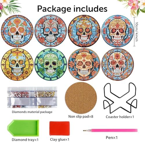 8 Pcs Diamond Art Coasters Kit for Adult with Holder, Diamond Coaster 4x4in