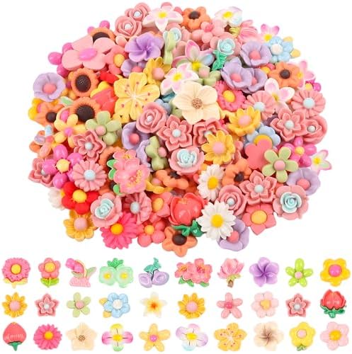 FOIMAS Flower Resin Flatback Charms,150pcs Spring Flower Embellishment Resin Miniatures Embellishment for Craft Slime Ornament Decoration Supply