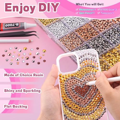 20000Pcs Metallic Rhinestones for Bedazzling with B7000 Jewelry Glue, Resin Rhinestones for Crafting Crafts DIY, Bedazzler Kit Gems for Clothing Shoes Tumblers Fabric Nail Art Assorted Size 3/4/5/6mm
