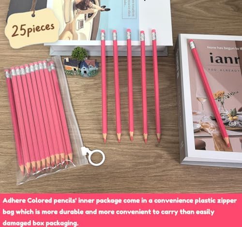 Adhere 25pcs Checking Pencils Erasable colored Pencils Pre-Sharpened #2 HB,for Checking Tests Grading,Map Coloring, editing Office Favors,including a Free sharpener. (Pink Red)