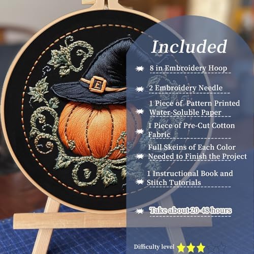 FONNUY Pumpkin Embroidery Kit for Beginners, Pre-Stamped Pattern Kits for Adults with Hoop, Easy to Follow Color Thread Needlework, 8'' Hoop (Witch Hat 4)
