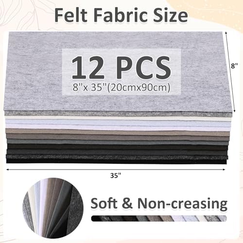 XSEINO 12 Rolls 8"x35"(20.5x90cm) 1.4mm Thick Soft Felt Fabric Sheet 12 Assorted Black White Gray Series Colors Felt Pack for DIY Craft Sewing Squares Nonwoven Patchwork