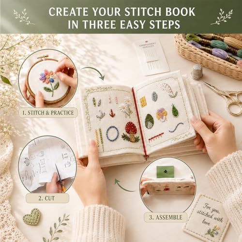 Cikeela Embroidery Stitch Book Beginner with Fabric Pages, 31 Essential Stitches in Structured Learning Order for Adults, DIY Sewing Kit with Floral Motifs, Practice Patterns EmbroideryStitch Book Kit