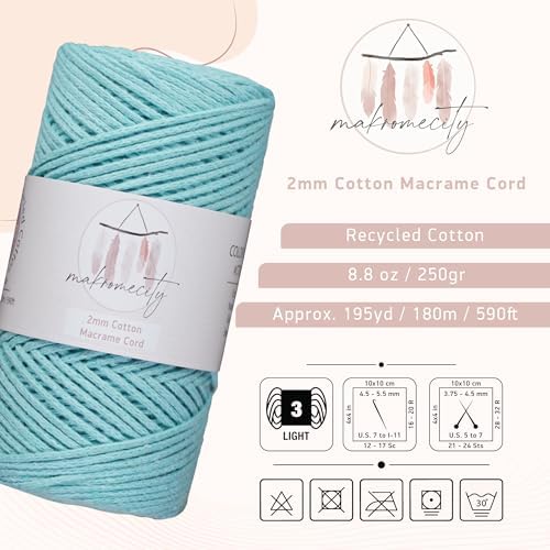 Makromecity, Cotton Macrame Cord 2mm x 195 Yards (590 feet) 2mm Recycled Cotton Crochet Yarn for Macrame Art & Crafts for Wall Hangings, Bags, Underplate, Rug (25 Colors Available) (Mint)