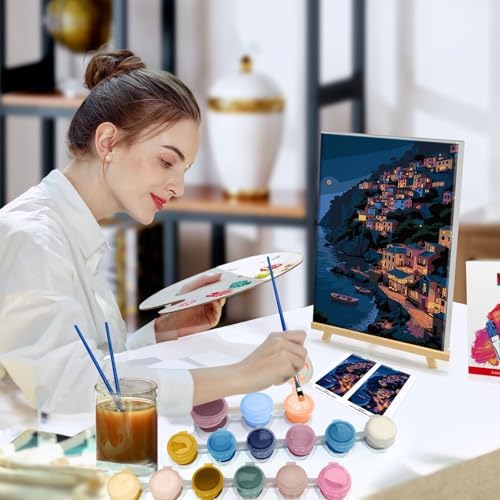 HeeBenor Framed Paint by Numbers Kit for Adults, Seaside Town Paint by Number with Easel, DIY Landscape Oil Painting by Number, Adult Paint by Number Kits Framed Canvas for Home Wall Decor 8x12 Inch