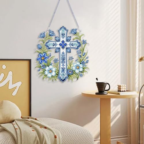 ARPADAMO Hanging Diamonds Art kit for Adult,DIY Cross Flowers Pendant Diamonds Painting Art Kit, 7.0x6.8 inch Acrylic Diamonds Painting Board Kit Ornament, Special Crystal Diamond Hanging Ornament