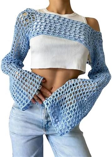 KEOMUD Women Crochet Tops Y2K Hollow Knit Bolero Shrug