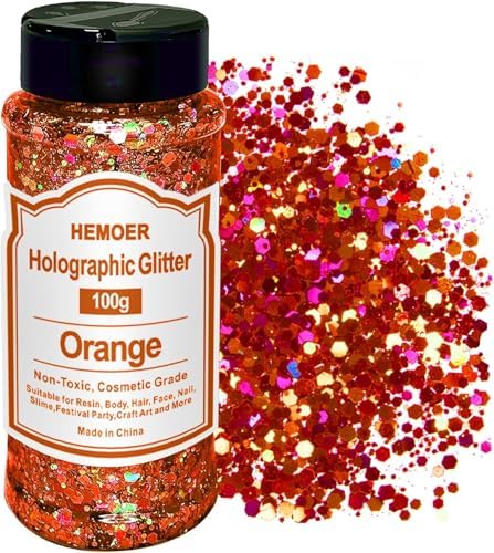 HEMOER Pumpkin Orange Glitter, 100g/3.5oz Holographic Chunky Glitter Mixed Hexagon Chunky & Fine Flakes Thanksgiving Sequins for Epoxy Crafts, Resin, Nail Body, Tumblers, Festival Party