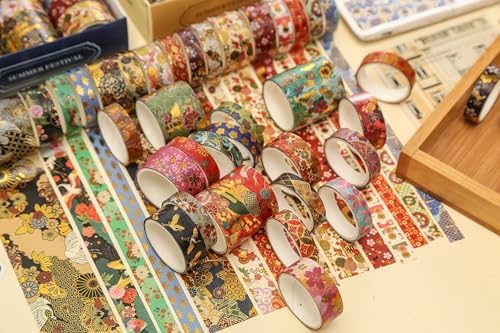 15 Rolls Japanese Sakura Washi Tape Set, Traditional Kimono Decorative Masking Tapes with Gold Foil, Cherry Blossom Arts for Craft, Scrapbook, DIY, Gift Wrapping (2-Hanami Elegance)