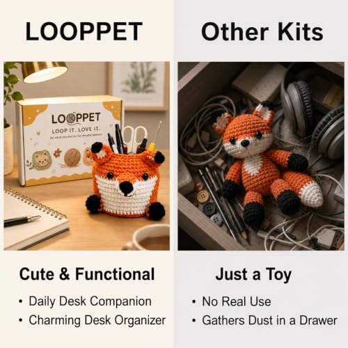 LOOPPET Crochet Kit for Beginners Adults - Cute Fox Pen Holder Desk Organizer, Beginner Friendly DIY Crochet Kit with Custom Easy Yarn, Video Tutorials & Step-by-Step Manual, Gift for Craft Lovers