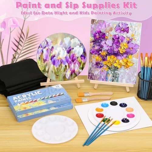 Date Night Painting Kit, 62 Pcs Detail Paint Brushes Canvas Panels with Wood Easel 12 Colors Acrylic Paint, Circular Canvas Art Aprons Sip and Paint Supplies for Adults and Beginner