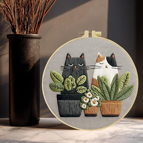 Cute Cat, Plants Patterns Embroidery Kits for Beginners,Adults Starter Cross Stitch Kit with Funny Animal Pattern,DIY Needlepoint Everything is Fine,Step by Step Instructions and Video Tutorial