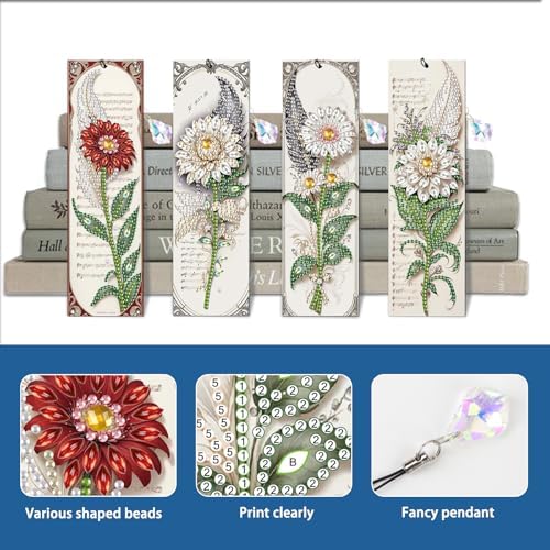 4-Pack 5D Flower Diamond Painting Bookmarks Kit, DIY Diamond Art Bookmarks with Colorful Diamond Gems and Tassels, Floral Bookmark Making Set for Adults, Gift for Book Lovers