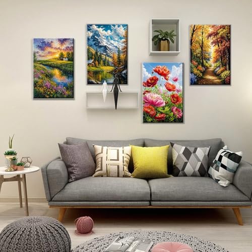 JOOZ 4 Pack Paint by Numbers Kit for Adults with Frame Landscape Paint by Number with Easel DIY Flowers Oil Painting Kits for Home Wall Decor 8x12 Inch
